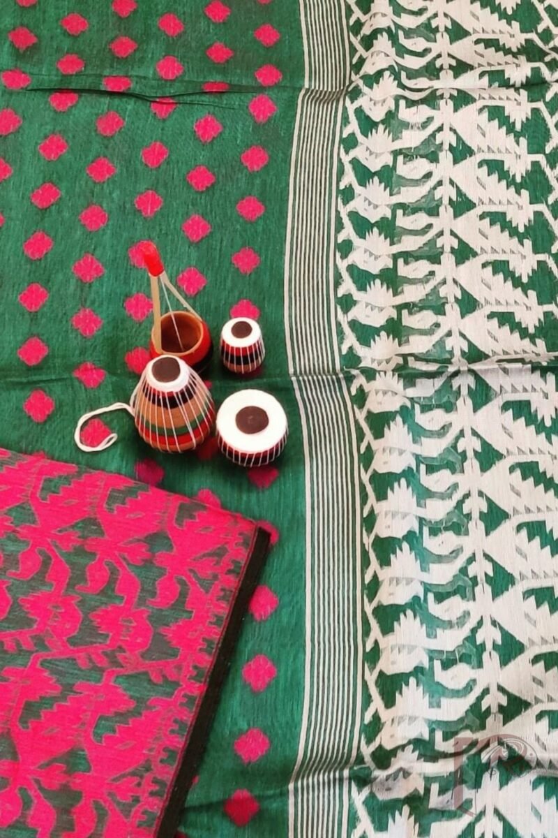 Jamdani Joy – Sea Green All-Over Jamdani Saree in Mul Cotton Silk with Pink and White Thread Work - Image 8