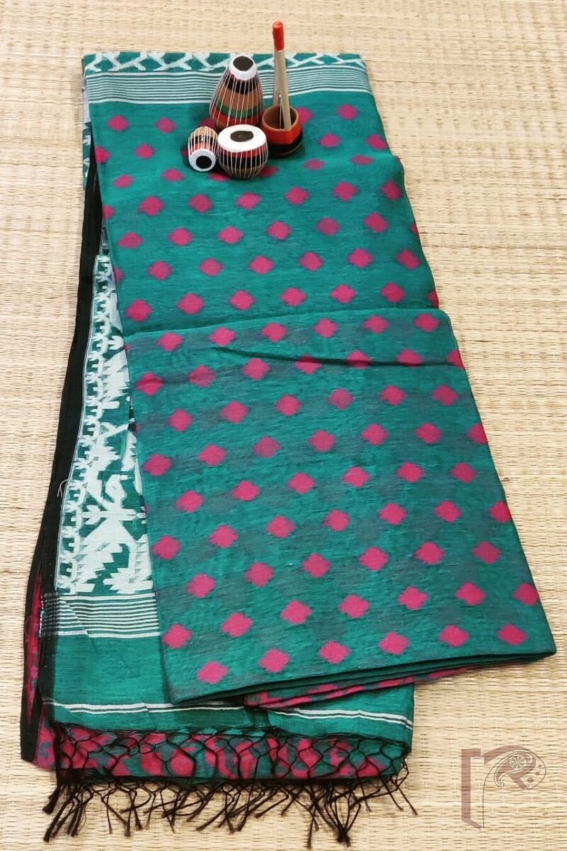 Jamdani Joy – Sea Green All-Over Jamdani Saree in Mul Cotton Silk with Pink and White Thread Work