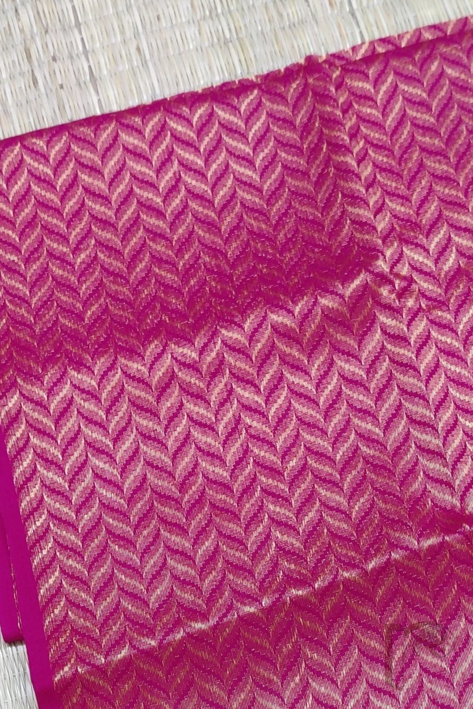 Hot Pink Cotton Blouse with Artistic Motifs in Yellow and Gold – Unstitched Blouse Piece - Image 2