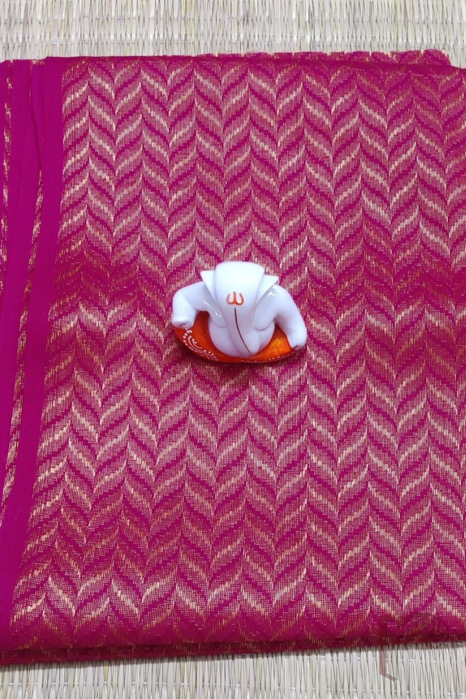 Hot Pink Cotton Blouse with Artistic Motifs in Yellow and Gold – Unstitched Blouse Piece