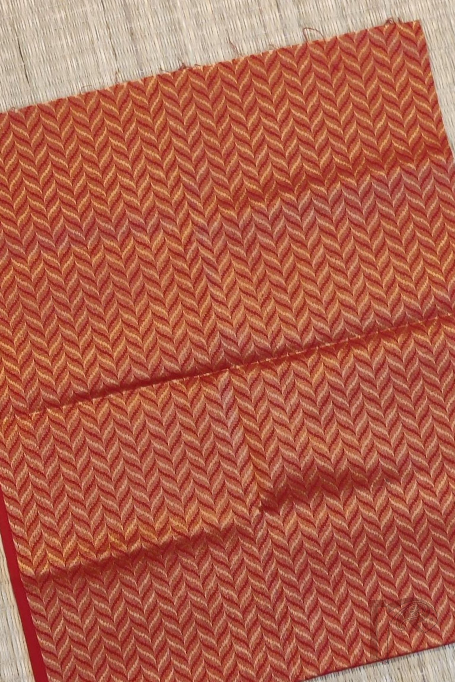 Red Cotton Blouse with Artistic Gold-Yellow Motifs – Unstitched Blouse Piece - Image 2