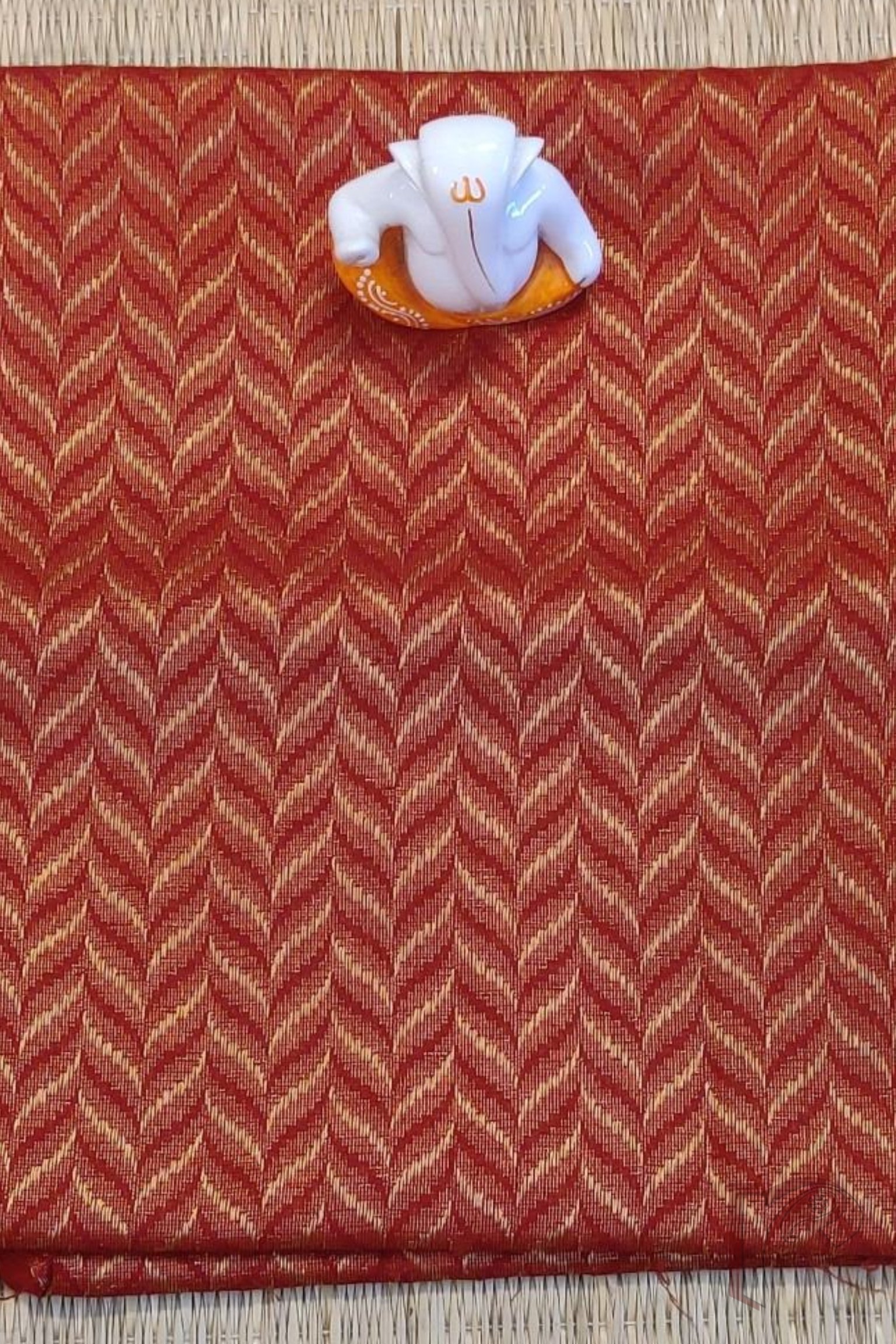 Red Cotton Blouse with Artistic Gold-Yellow Motifs – Unstitched Blouse Piece