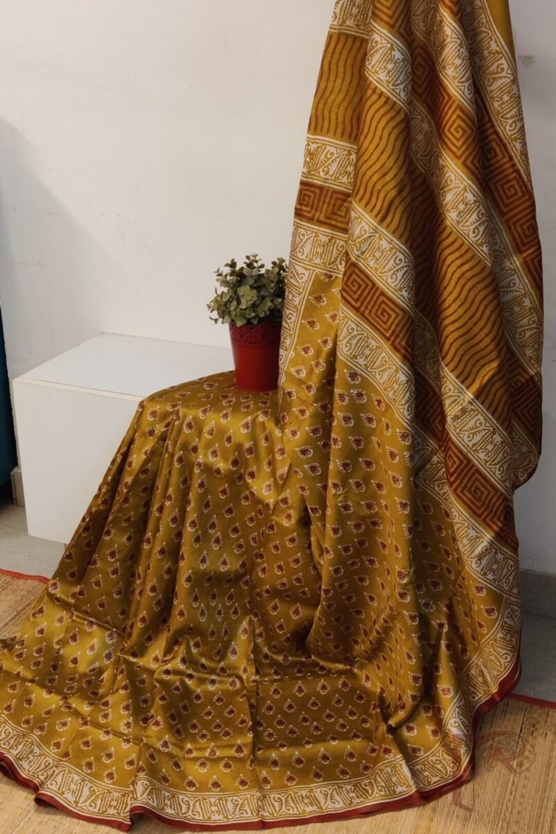Tussar Tales - Mustard Tussar Silk Saree with Cream and Maroon Leaf Hand Block Print and Traditional Border - Image 2