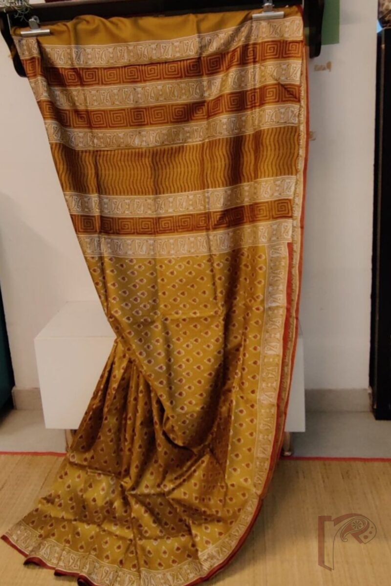 Tussar Tales - Mustard Tussar Silk Saree with Cream and Maroon Leaf Hand Block Print and Traditional Border - Image 3