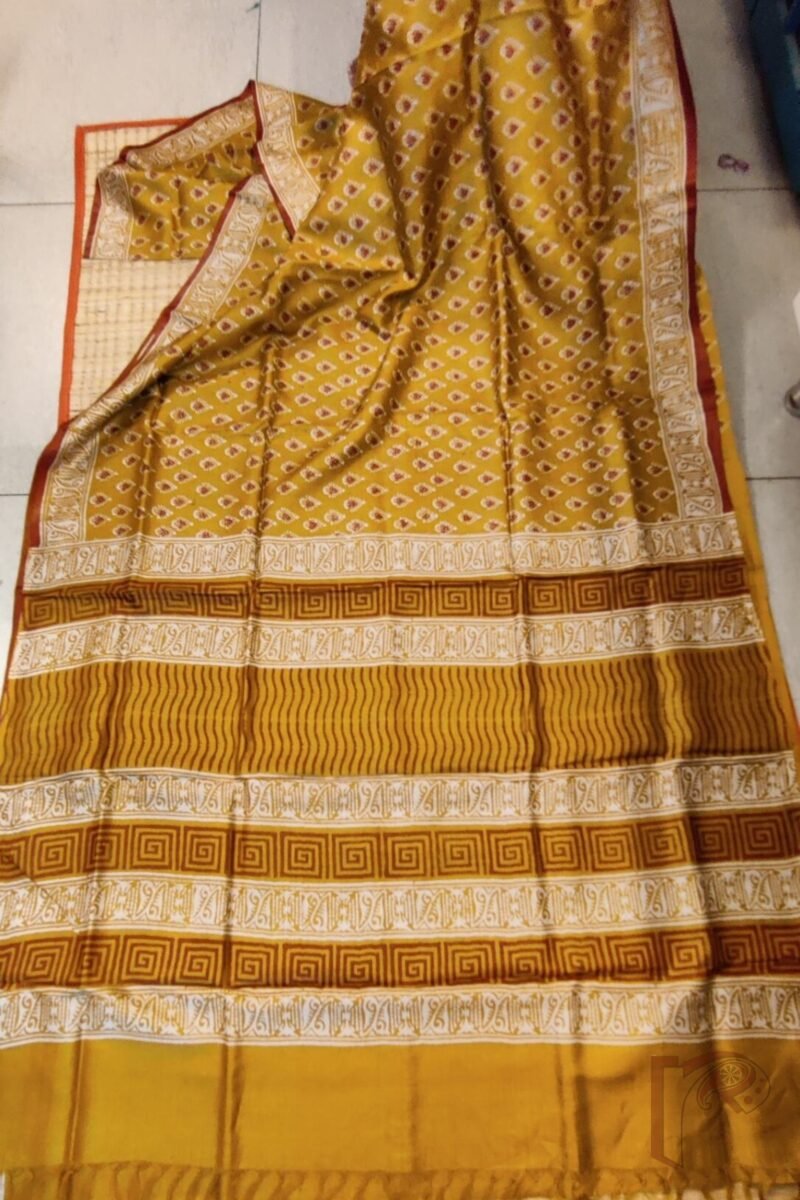 Tussar Tales - Mustard Tussar Silk Saree with Cream and Maroon Leaf Hand Block Print and Traditional Border - Image 4