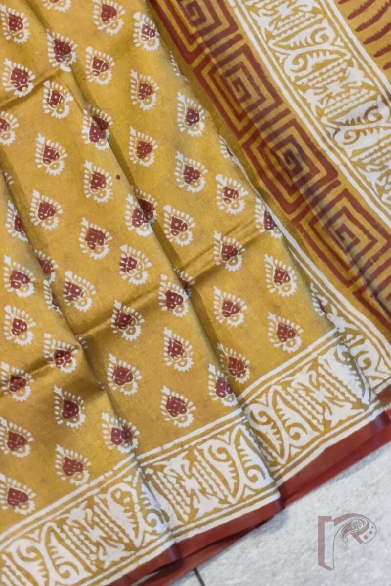 Tussar Tales - Mustard Tussar Silk Saree with Cream and Maroon Leaf Hand Block Print and Traditional Border - Image 5
