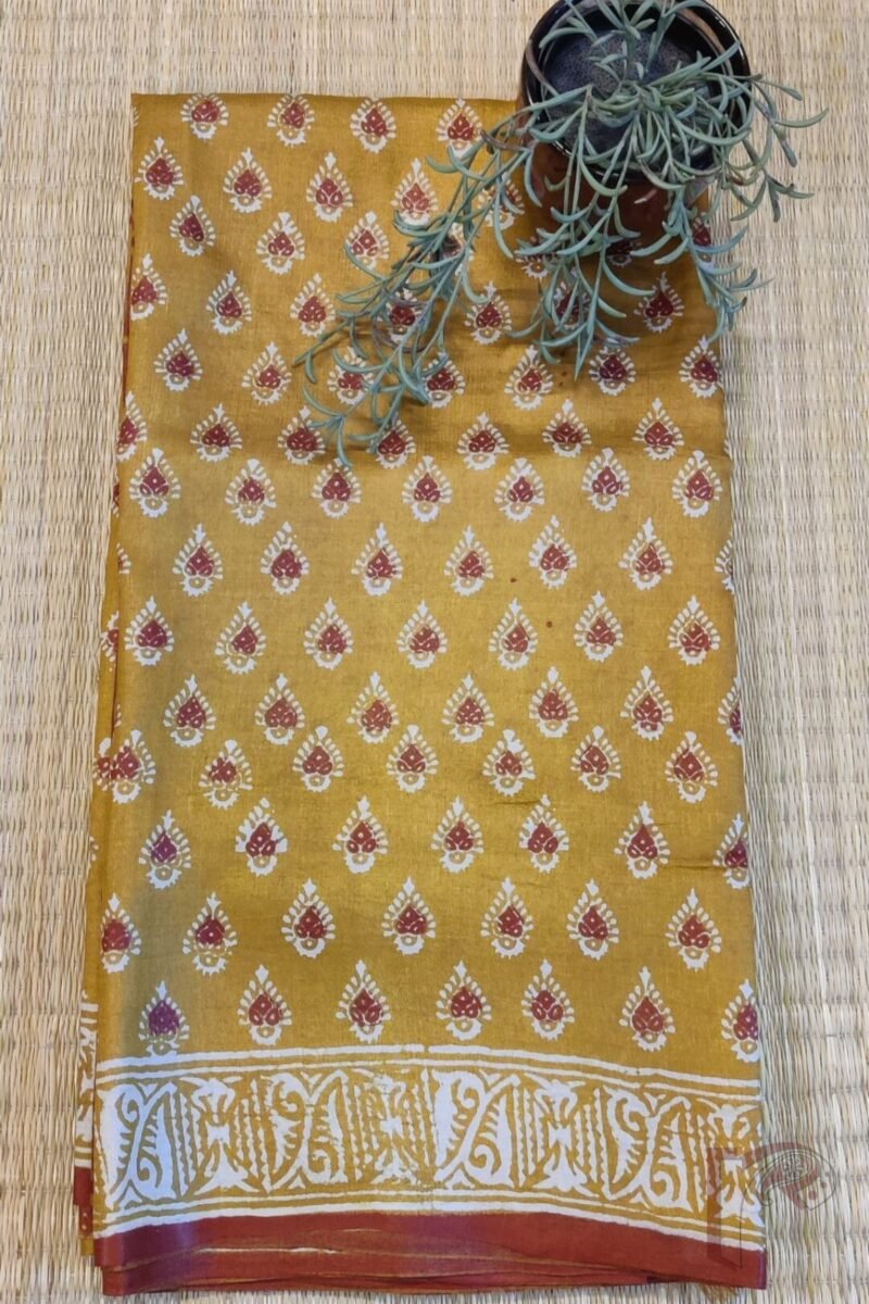 Tussar Tales - Mustard Tussar Silk Saree with Cream and Maroon Leaf Hand Block Print and Traditional Border - Image 6