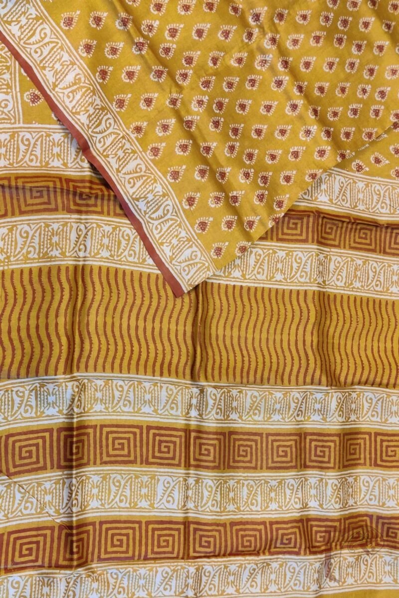 Tussar Tales - Mustard Tussar Silk Saree with Cream and Maroon Leaf Hand Block Print and Traditional Border - Image 7