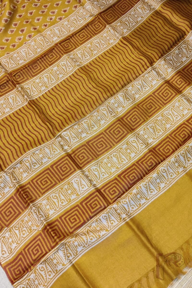 Tussar Tales - Mustard Tussar Silk Saree with Cream and Maroon Leaf Hand Block Print and Traditional Border - Image 8