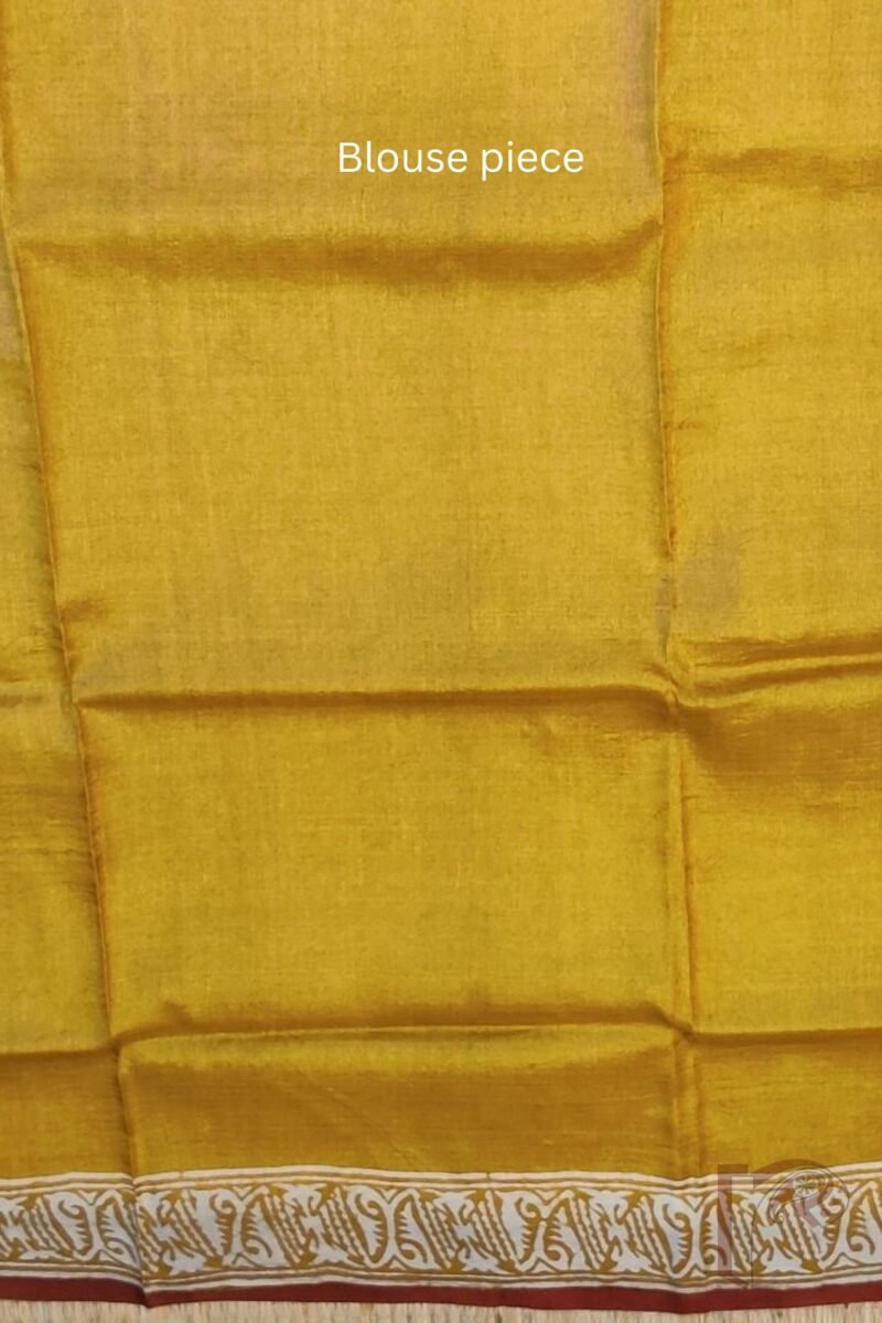 Tussar Tales - Mustard Tussar Silk Saree with Cream and Maroon Leaf Hand Block Print and Traditional Border - Image 9