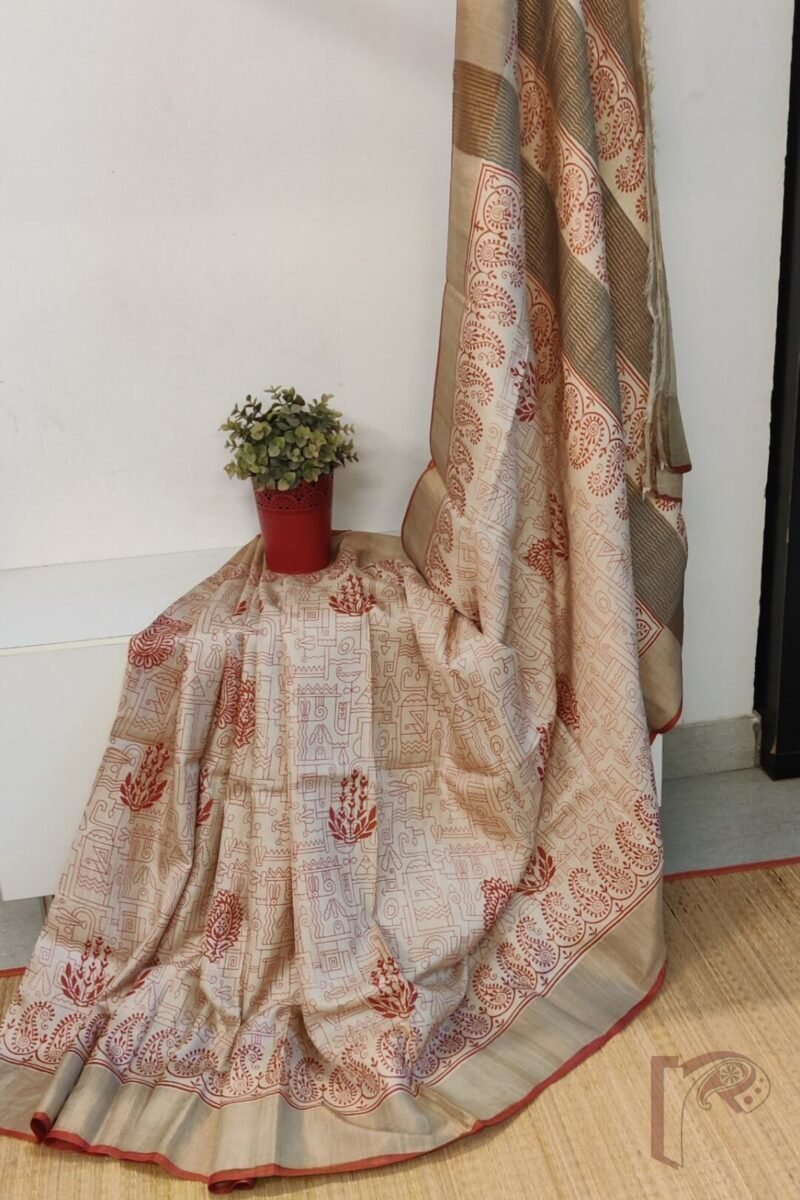 Tussar Tales - Cream Bengal Tussar Silk Saree with Red Geometric and Mango Print, Broad Zari Border and Red Selvage - Image 2
