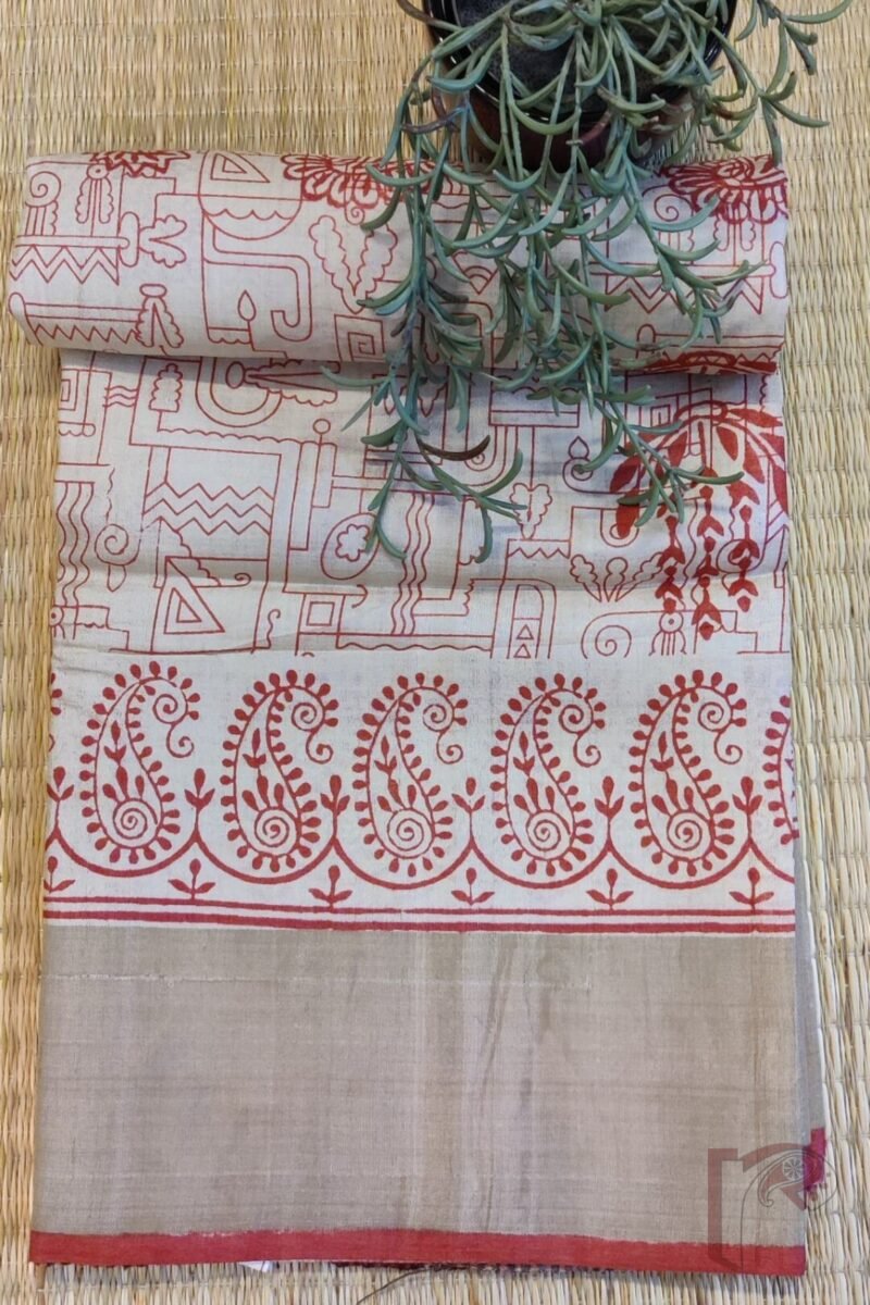 Tussar Tales - Cream Bengal Tussar Silk Saree with Red Geometric and Mango Print, Broad Zari Border and Red Selvage - Image 3