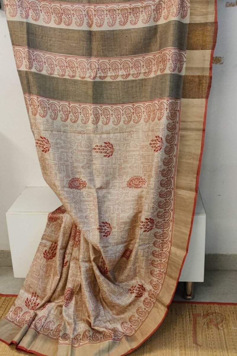 Tussar Tales - Cream Bengal Tussar Silk Saree with Red Geometric and Mango Print, Broad Zari Border and Red Selvage - Image 4