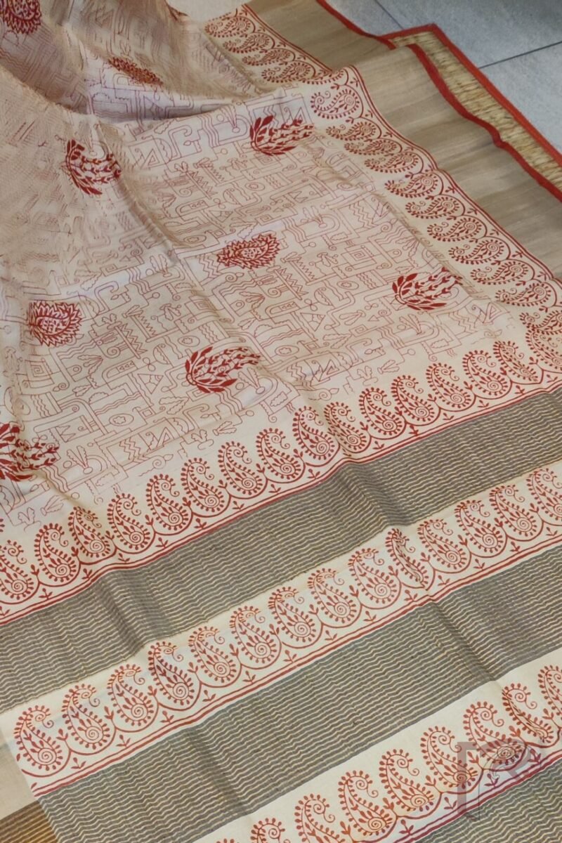 Tussar Tales - Cream Bengal Tussar Silk Saree with Red Geometric and Mango Print, Broad Zari Border and Red Selvage - Image 5