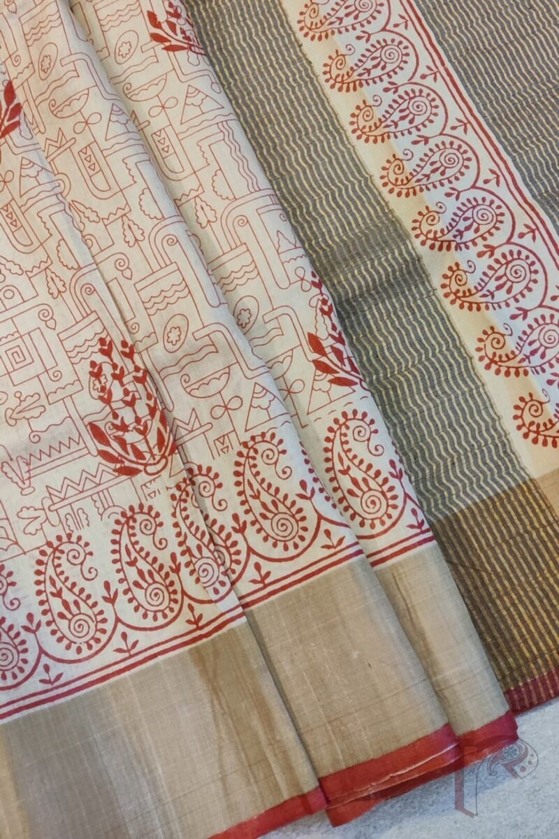 Tussar Tales - Cream Bengal Tussar Silk Saree with Red Geometric and Mango Print, Broad Zari Border and Red Selvage - Image 6