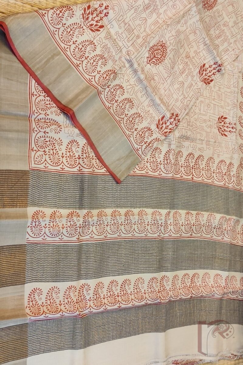 Tussar Tales - Cream Bengal Tussar Silk Saree with Red Geometric and Mango Print, Broad Zari Border and Red Selvage - Image 7
