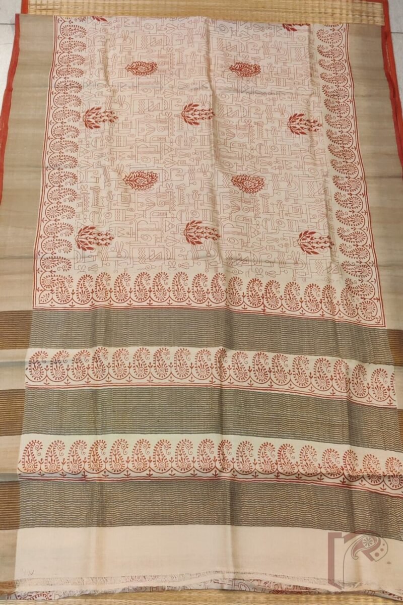 Tussar Tales - Cream Bengal Tussar Silk Saree with Red Geometric and Mango Print, Broad Zari Border and Red Selvage - Image 8