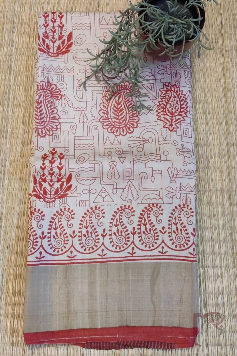 Tussar Tales - Cream Bengal Tussar Silk Saree with Red Geometric and Mango Print, Broad Zari Border and Red Selvage