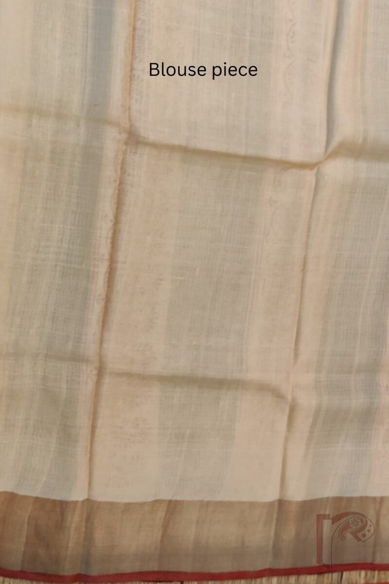 Tussar Tales - Cream Bengal Tussar Silk Saree with Red Geometric and Mango Print, Broad Zari Border and Red Selvage - Image 9