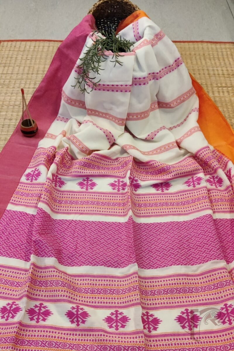 Cotton Chronicles: White Chiffon‑Weave Geometric Mercerized Cotton Saree - Image 5