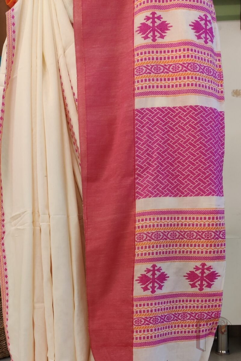 Cotton Chronicles: White Chiffon‑Weave Geometric Mercerized Cotton Saree - Image 8