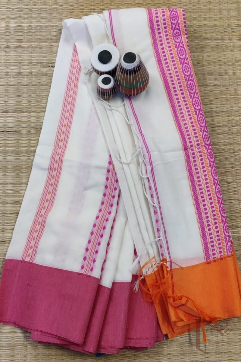 Cotton Chronicles: White Chiffon‑Weave Geometric Mercerized Cotton Saree