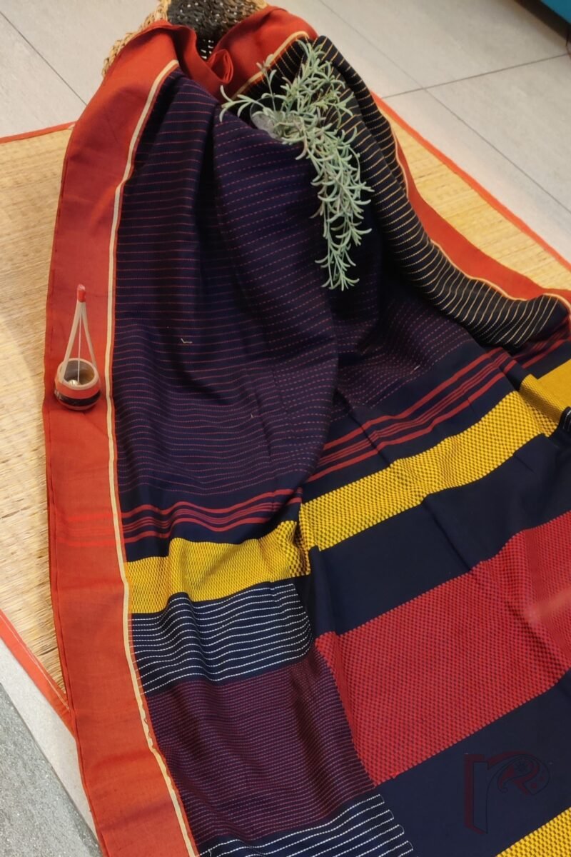 Cotton Chronicles: Navy Blue Kantha‑Accented Mercerized Cotton Saree - Image 8