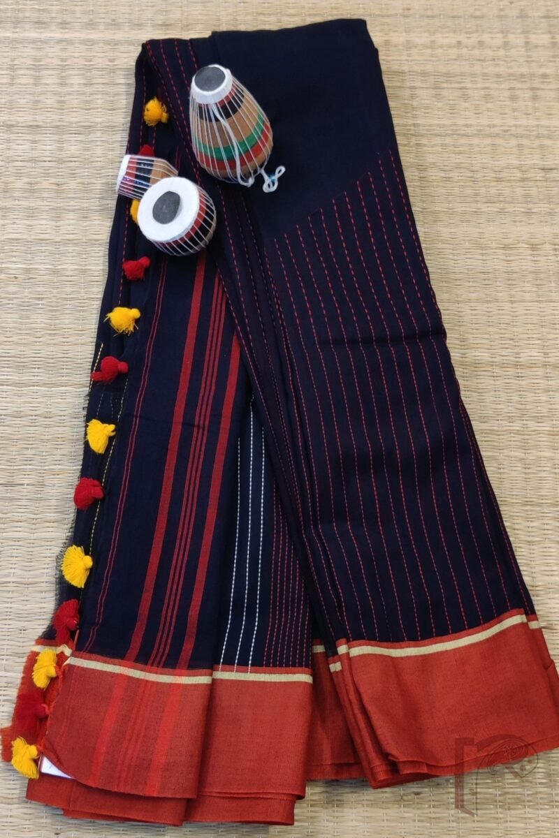 Cotton Chronicles: Navy Blue Kantha‑Accented Mercerized Cotton Saree
