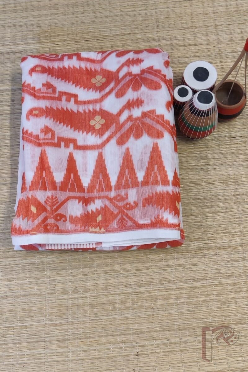 Jamdani Joy – White Cotton Jamdani Saree with Red Polki Dots, Floral Body, and Mango Leaf Border - Image 2