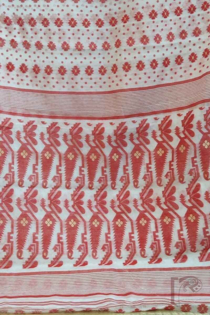 Jamdani Joy – White Cotton Jamdani Saree with Red Polki Dots, Floral Body, and Mango Leaf Border - Image 7