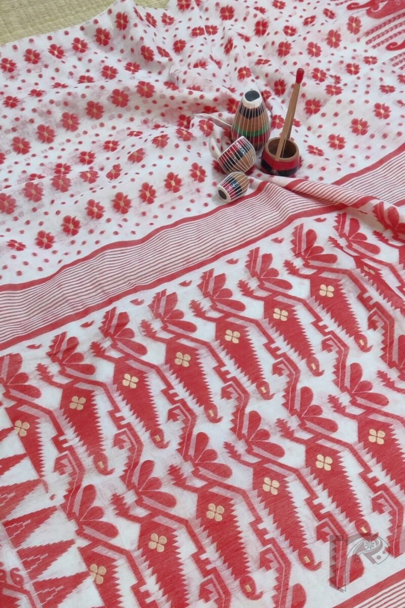Jamdani Joy – White Cotton Jamdani Saree with Red Polki Dots, Floral Body, and Mango Leaf Border - Image 5