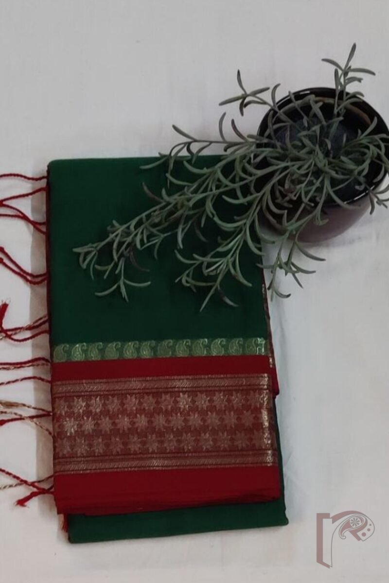 Cotton Chronicles: Dark Green Mercerized Cotton Saree with Red Border, Mango Motif Weave, and Striped Red-Gold Pallu - Image 2