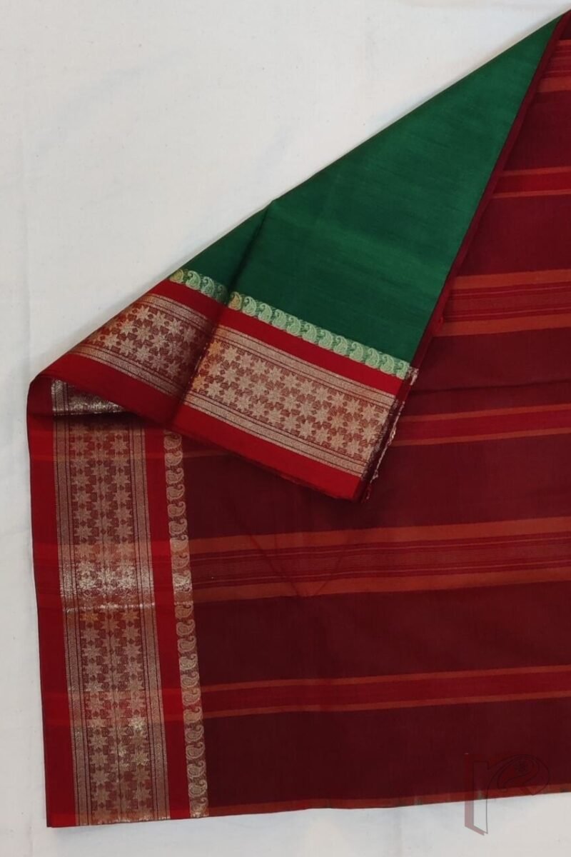Cotton Chronicles: Dark Green Mercerized Cotton Saree with Red Border, Mango Motif Weave, and Striped Red-Gold Pallu - Image 6