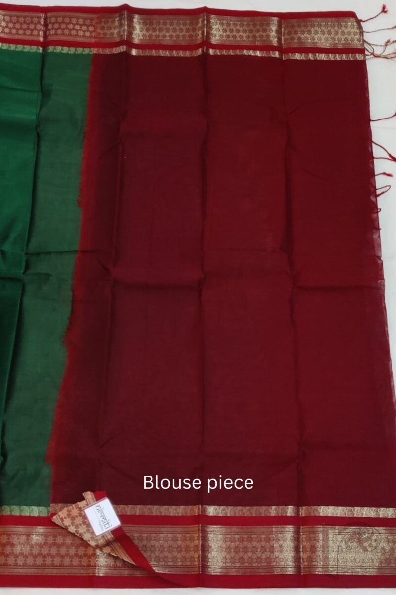 Cotton Chronicles: Dark Green Mercerized Cotton Saree with Red Border, Mango Motif Weave, and Striped Red-Gold Pallu - Image 7