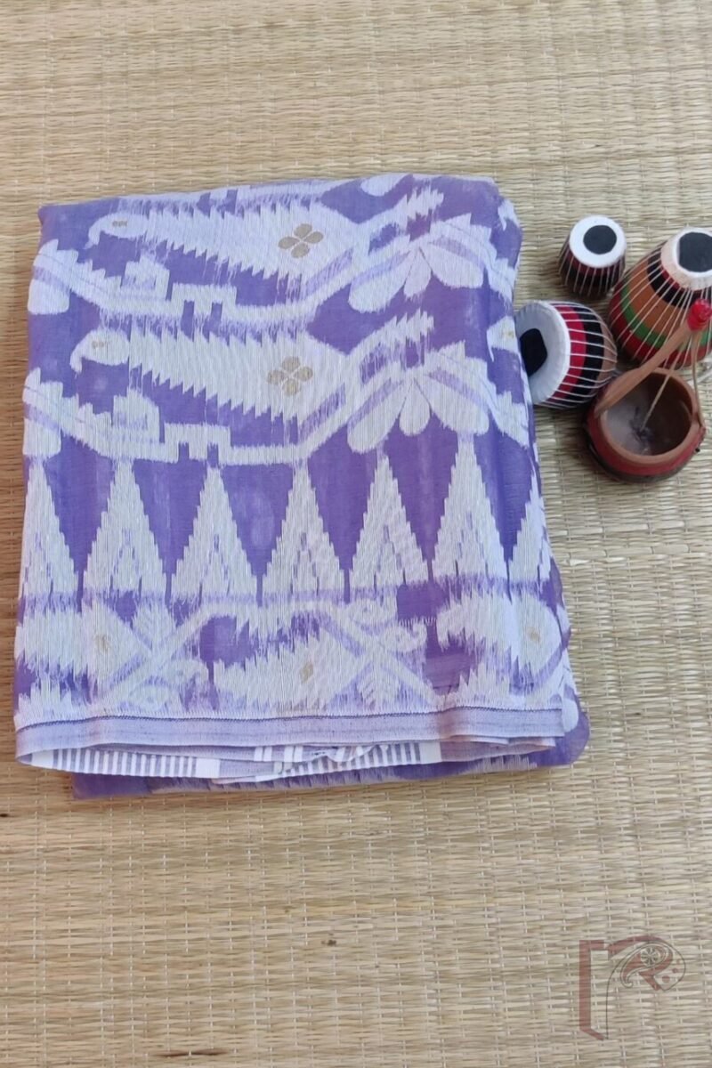 Jamdani Joy – Light Purple Lightweight Jamdani Saree with White Polki Dots, Floral Body, and Gold Leaf Pallu - Image 2
