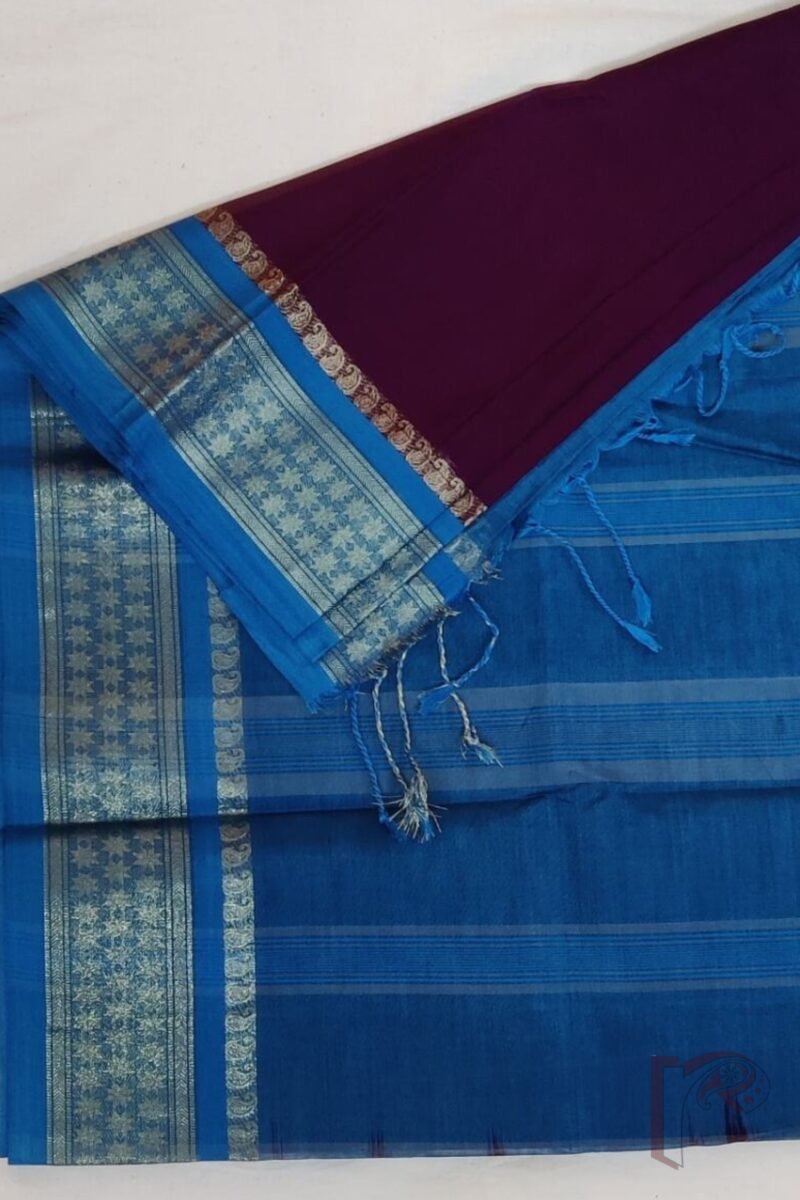Cotton Chronicles: Brinjal Purple Mercerized Cotton Saree with Blue Border, Mango Motif Weave, and Copper Blue-Gold Striped Pallu - Image 6