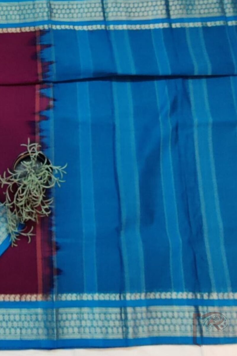 Cotton Chronicles: Brinjal Purple Mercerized Cotton Saree with Blue Border, Mango Motif Weave, and Copper Blue-Gold Striped Pallu - Image 7