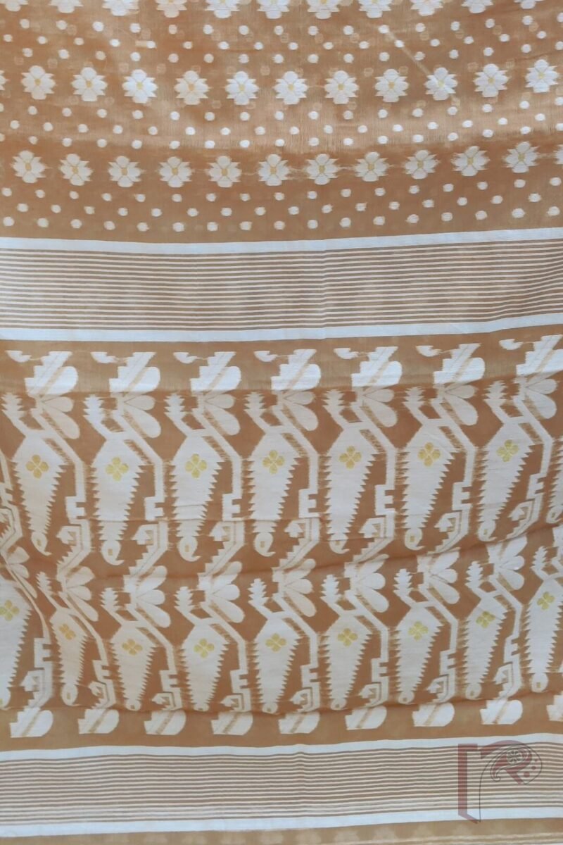 Jamdani Joy – Light Brown Lightweight Jamdani Saree with Off-White Polki Dots and Gold Leaf Pallu - Image 3