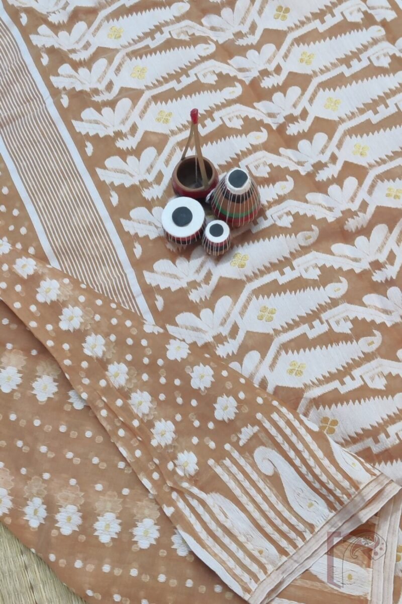 Jamdani Joy – Light Brown Lightweight Jamdani Saree with Off-White Polki Dots and Gold Leaf Pallu - Image 6