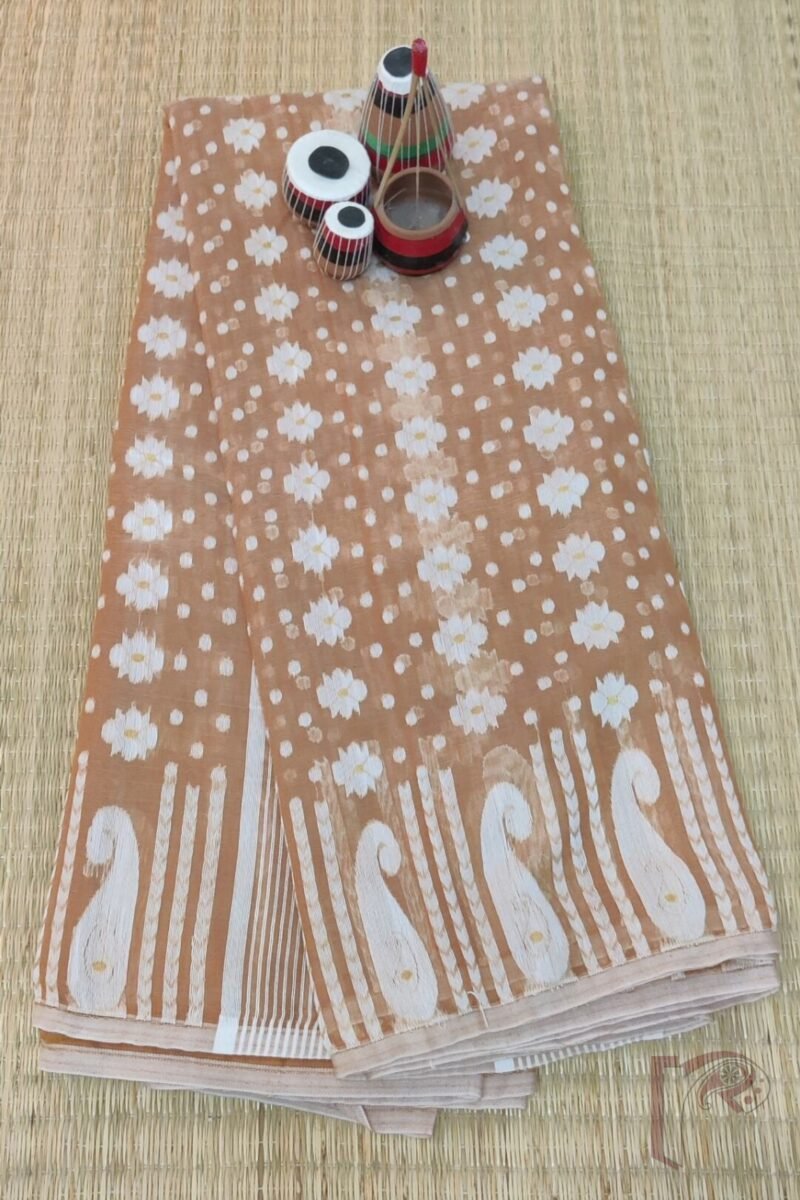Jamdani Joy – Light Brown Lightweight Jamdani Saree with Off-White Polki Dots and Gold Leaf Pallu