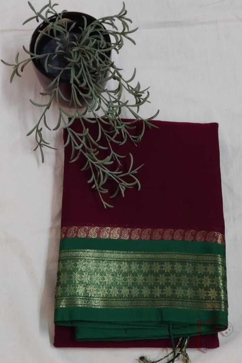 Cotton Chronicles: Rich Maroon Mercerized Cotton Saree with Dark Green Border, Mango Motif Weave, and Emerald Green-Gold Striped Pallu - Image 2