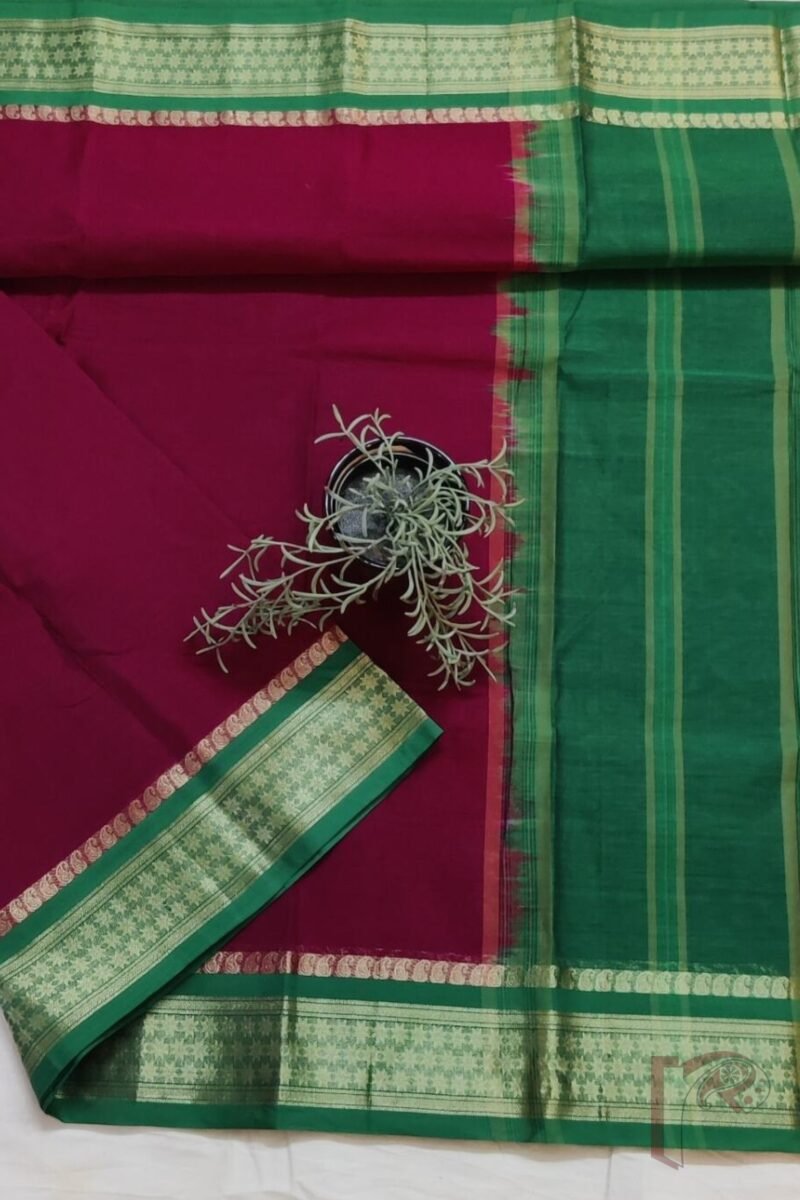 Cotton Chronicles: Rich Maroon Mercerized Cotton Saree with Dark Green Border, Mango Motif Weave, and Emerald Green-Gold Striped Pallu - Image 3