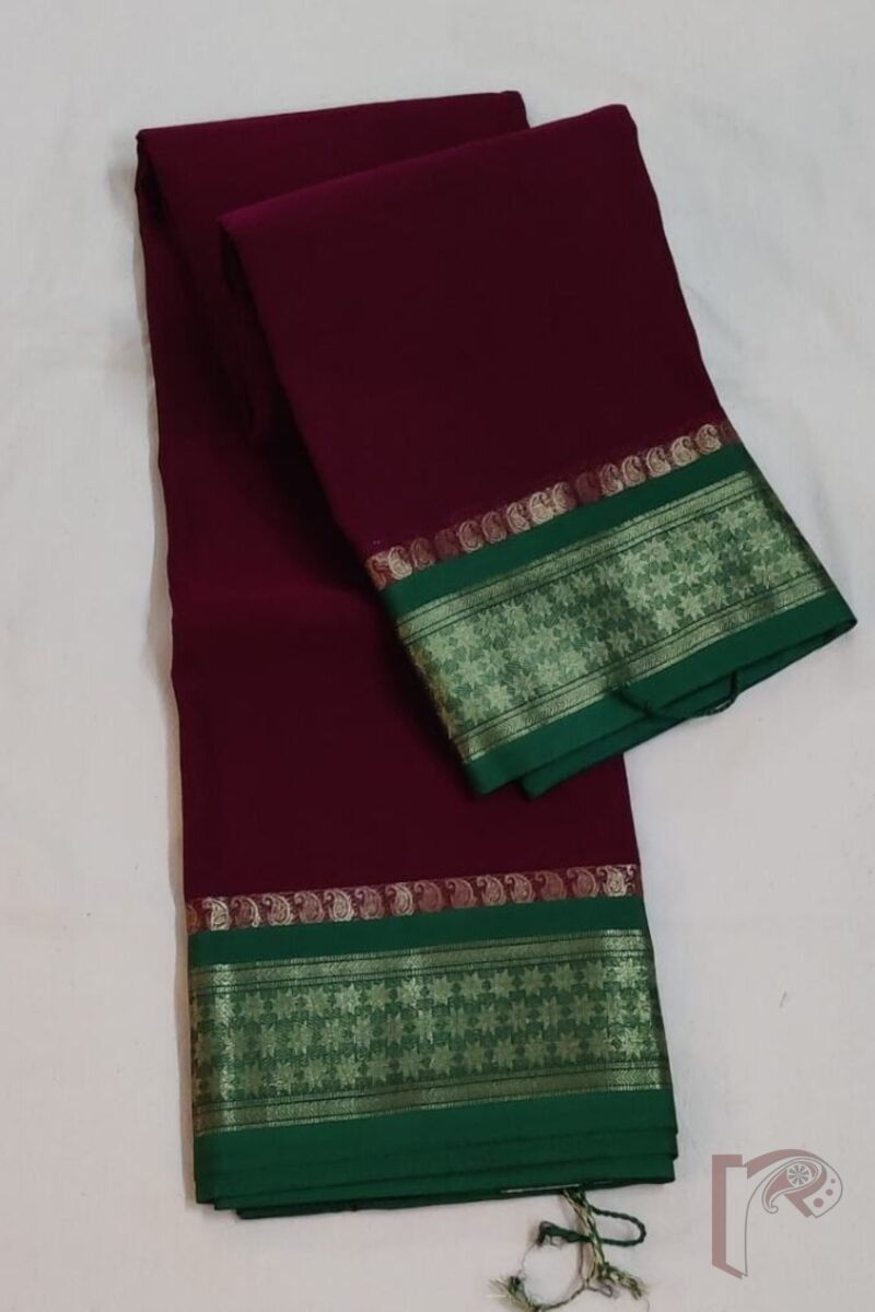 Cotton Chronicles: Rich Maroon Mercerized Cotton Saree with Dark Green Border, Mango Motif Weave, and Emerald Green-Gold Striped Pallu - Image 5