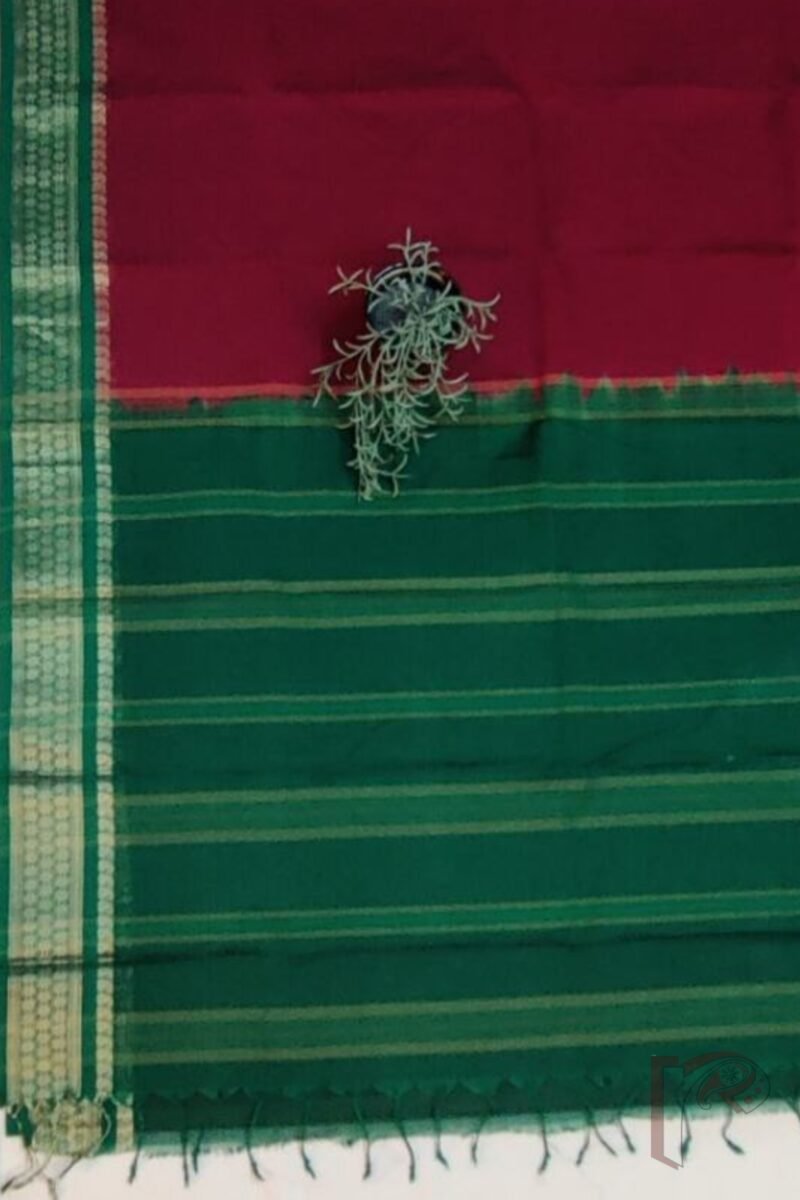 Cotton Chronicles: Rich Maroon Mercerized Cotton Saree with Dark Green Border, Mango Motif Weave, and Emerald Green-Gold Striped Pallu - Image 7