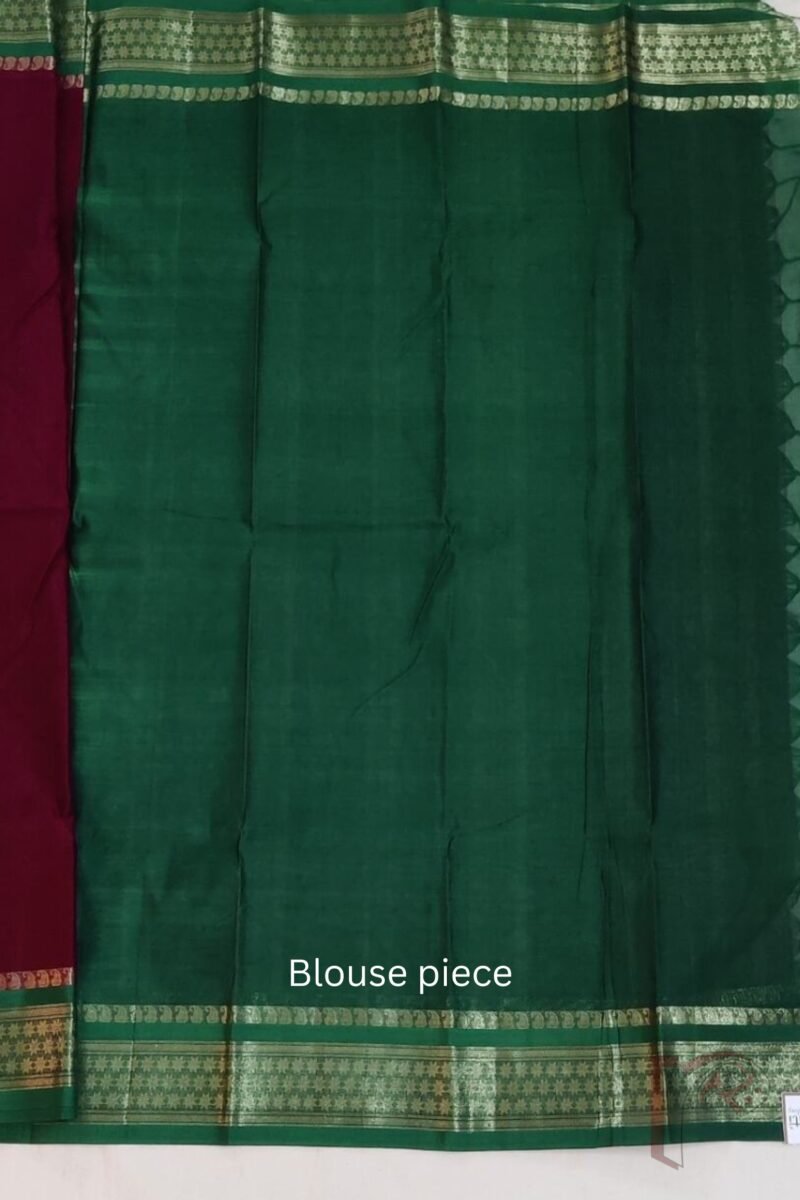 Cotton Chronicles: Rich Maroon Mercerized Cotton Saree with Dark Green Border, Mango Motif Weave, and Emerald Green-Gold Striped Pallu - Image 8