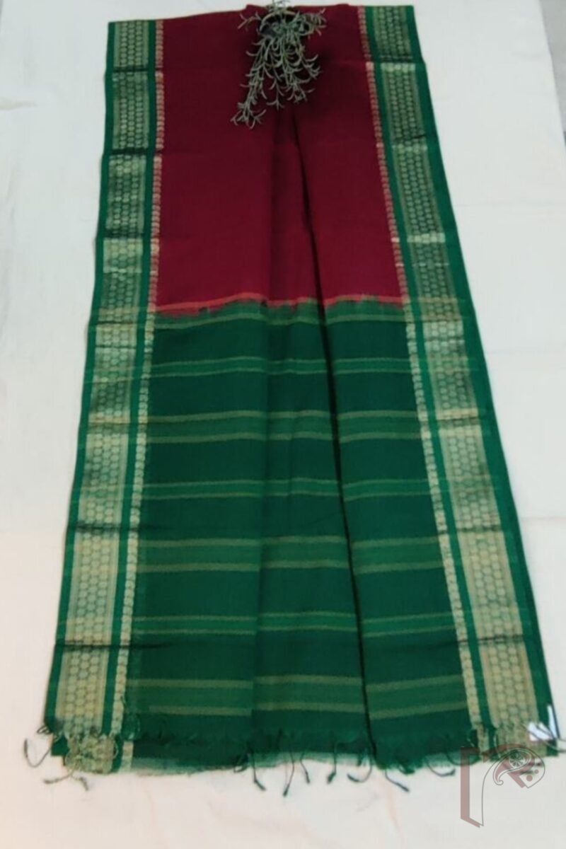 Cotton Chronicles: Rich Maroon Mercerized Cotton Saree with Dark Green Border, Mango Motif Weave, and Emerald Green-Gold Striped Pallu