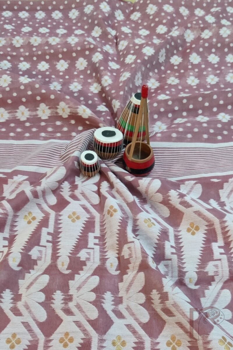 Jamdani Joy – Light Wine Lightweight Jamdani Saree with White Polki Dots and Gold Leaf Pallu - Image 7