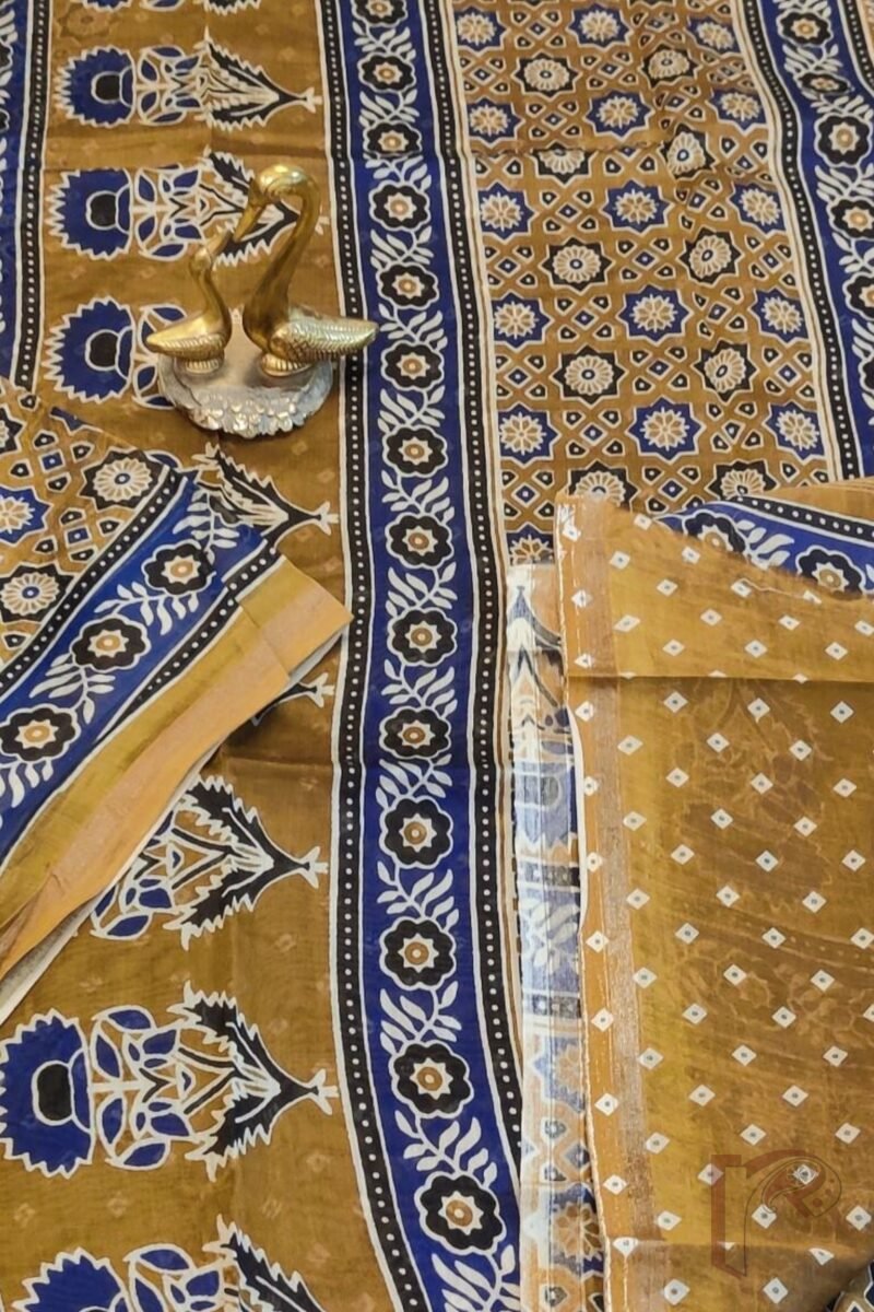 Chanderi Charisma - Mustard Chanderi Saree with Blue and Black Ajrakh Floral Print and Bandhani Blouse - Image 6