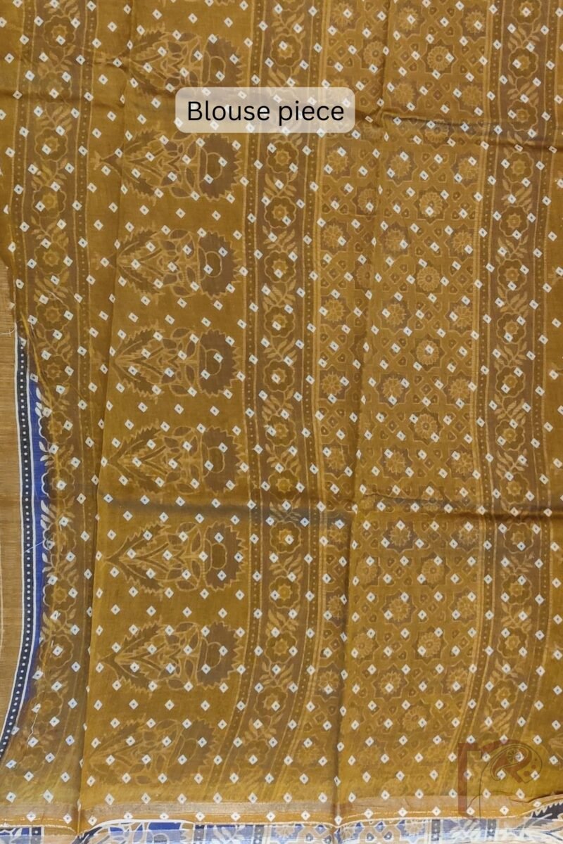 Chanderi Charisma - Mustard Chanderi Saree with Blue and Black Ajrakh Floral Print and Bandhani Blouse - Image 8