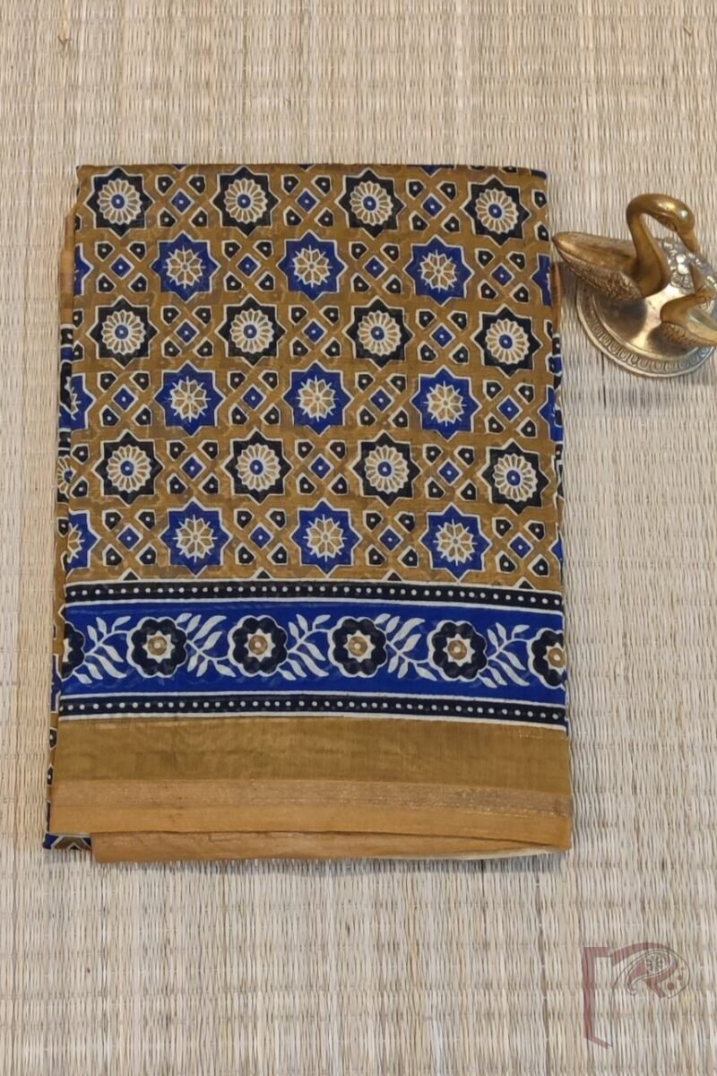 Chanderi Charisma - Mustard Chanderi Saree with Blue and Black Ajrakh Floral Print and Bandhani Blouse